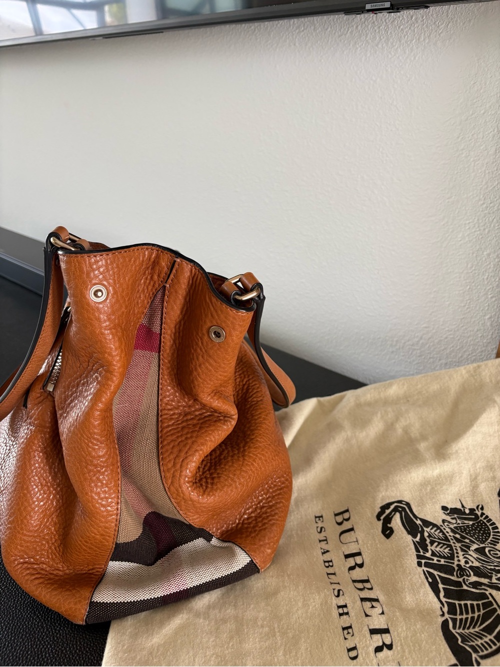 Burberry Cognac Leather and Nova Check Drawstring Shoulder Bag. Like New